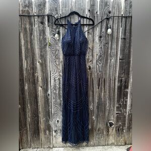 Kleinfeld Navy Blue High Neck Beaded Full Length Gown Dress with Keyhole size 2